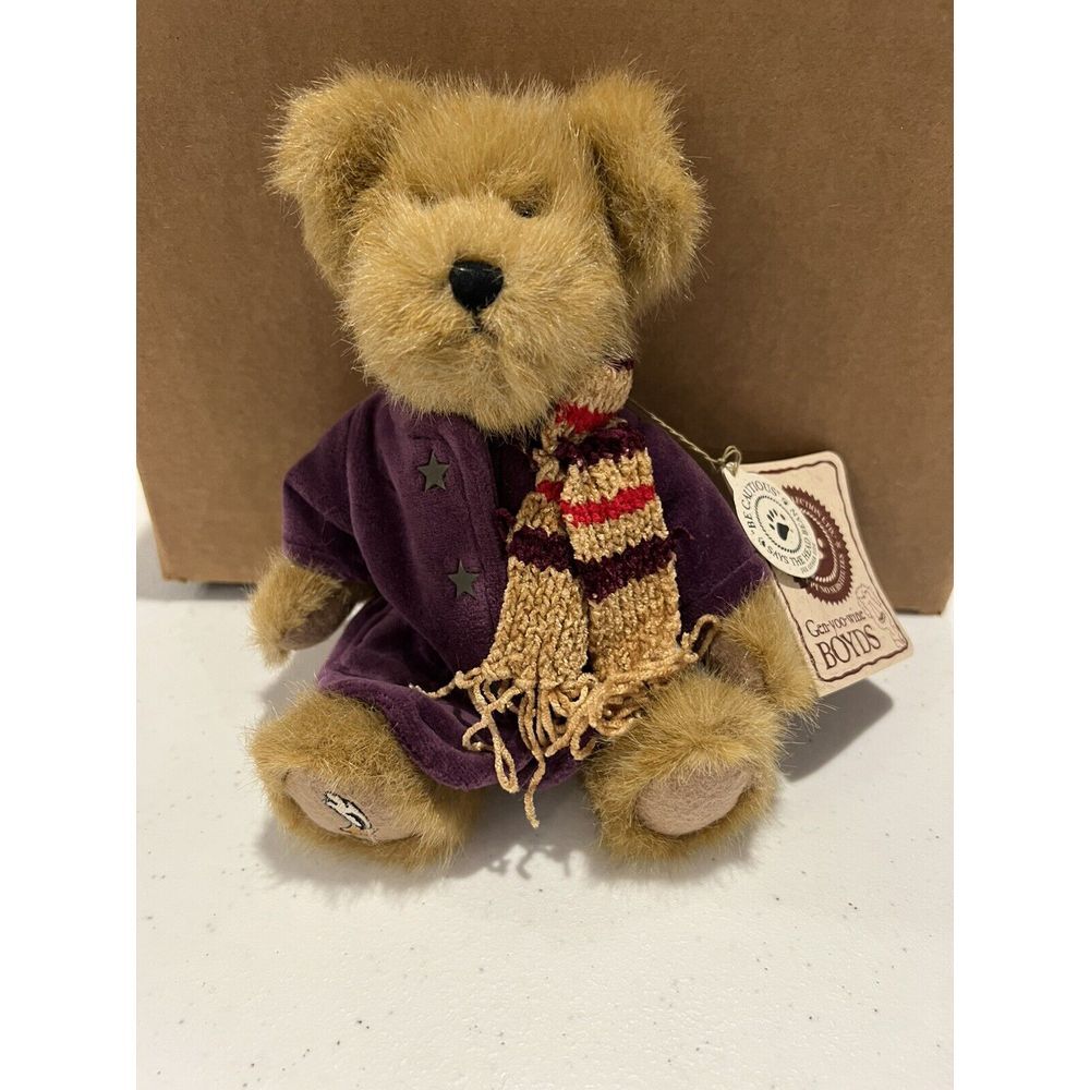 Boyds BAXTER T. BIRCH Bear w/Tag Purple Velvet Winter Coat & Scarf 8"